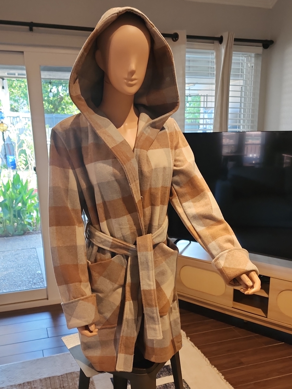 A New Day Plaid Hooded Belted Coat in Camel & Cream